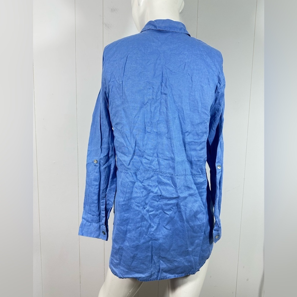 J Jill Love Linen Sz S Petite Blue Half Button Tunic With Side Pockets Roll Tab - Picture 6 of 12